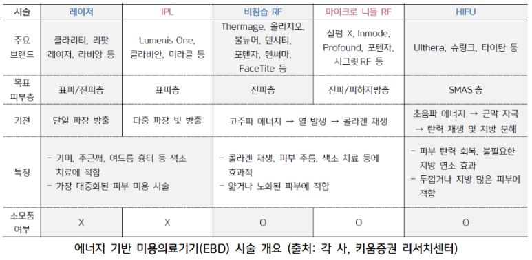 에너지 기반 '미용의료기기' 'ebd 시술' 개요를 보여주는 자료.